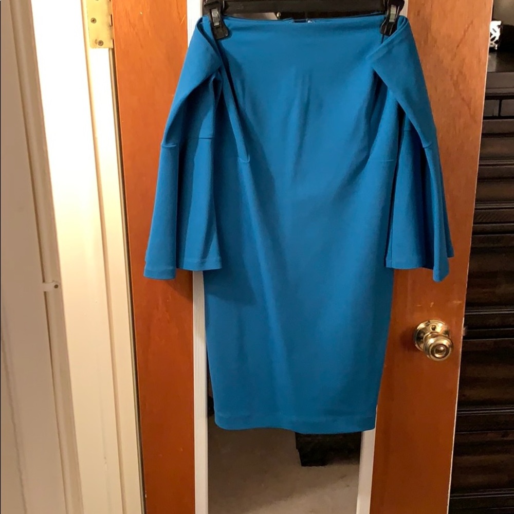 Blue off the shoulder dress.